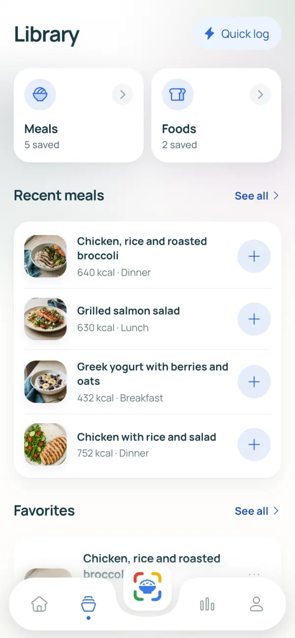 The CamCalo library with photos of recent meals and favorites.